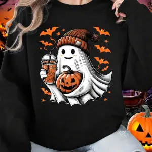 Cadılar bayramı Kazak Kadın Hayalet Yarasa Ve Kabak Baskı Hoodie Polar Sıcak Bisiklet Yaka Ge