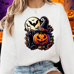 Cadılar bayramı Şapka Ve Kabak Baskılar Tişörtü Kadın Polar Sıcak Gevşek Hoodie Crewneck Teme