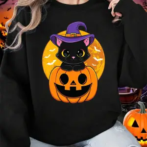 Cadılar bayramı Sevimli Yavru Kedi Ve Kabak Baskılar Tişörtü Kadın Kış Polar Sıcak Hoodie Cre