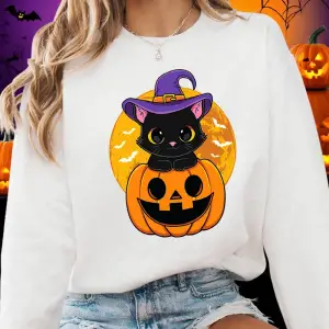 Cadılar bayramı Sevimli Yavru Kedi Ve Kabak Baskılar Tişörtü Kadın Kış Polar Sıcak Hoodie Cre
