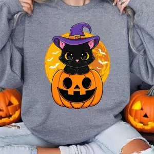 Cadılar bayramı Sevimli Yavru Kedi Ve Kabak Baskılar Tişörtü Kadın Kış Polar Sıcak Hoodie Cre