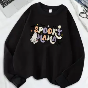 Cadılar bayramı Spooky Mama Baskı Tişörtü Bayan Polar Sıcak Gevşek Kapüşonlular Crewneck Teme