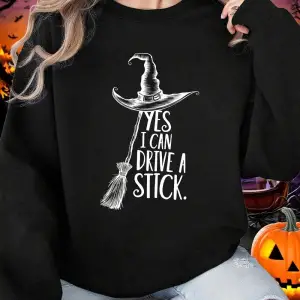 Cadılar Bayramı Tişörtleri Kadınlar Evet Sürüyorum Bir Çubukla Baskılar Yapıştırıyor Kapüşonl