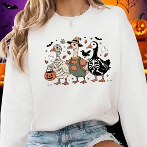 Cadılar bayramı Tişörtü Bayan Spooky Goosey Baskı Kapüşonlular Polar Sıcak Bisiklet Yaka Gevş