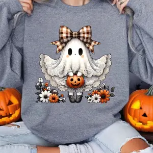 Cadılar bayramı Tişörtü Kadın Dantel Elbise Ve Yay Hayalet Baskılı Kapüşonlular Polar Yumuşak