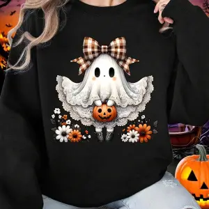 Cadılar bayramı Tişörtü Kadın Dantel Elbise Ve Yay Hayalet Baskılı Kapüşonlular Polar Yumuşak