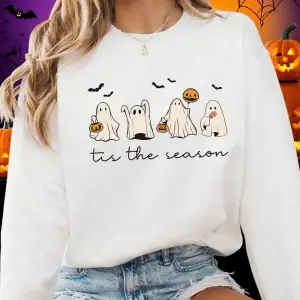 Cadılar bayramı tişörtü kadın Tis The Season hayalet baskılı kapüşonlu svetşörtler bisiklet y