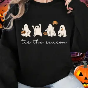 Cadılar bayramı tişörtü kadın Tis The Season hayalet baskılı kapüşonlu svetşörtler bisiklet y