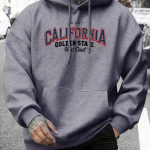California Golden State Desenli Sonbahar Temel Ürünleri Kapüşonlu Üst Erkek Rahat Polar Tişör