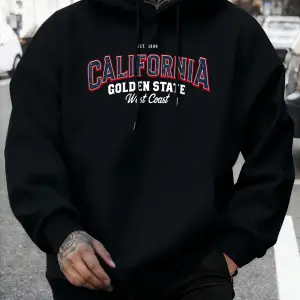 California Golden State Desenli Sonbahar Temel Ürünleri Kapüşonlu Üst Erkek Rahat Polar Tişör