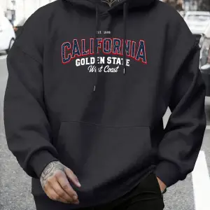 California Golden State Desenli Sonbahar Temel Ürünleri Kapüşonlu Üst Erkek Rahat Polar Tişör