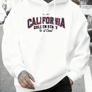 California Golden State Desenli Sonbahar Temel Ürünleri Kapüşonlu Üst Erkek Rahat Polar Tişör