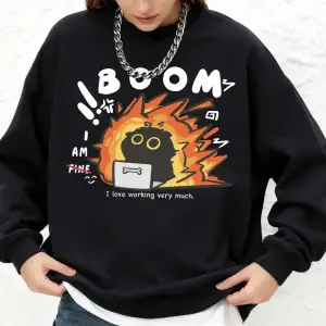 Çalışmayı Seviyorum Kedi Baskılı Sweatshirtler Kadın Sonbahar Uzun Kollu Yuvarlak Yaka Kapüşo