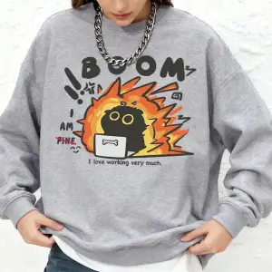 Çalışmayı Seviyorum Kedi Baskılı Sweatshirtler Kadın Sonbahar Uzun Kollu Yuvarlak Yaka Kapüşo