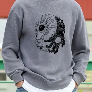 Canavar Palmiye Gözleri Korkunç Baskılı Sweatshirt Erkek Polar Bol Moda Sokak Giysisi Yuvarla