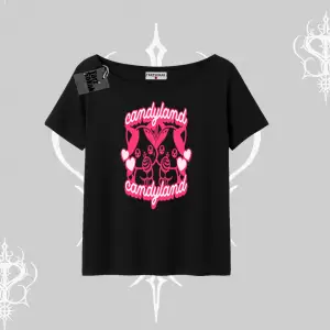 Candyland Yazılı Sevimli Kedi Baskılı Kapşonlu Crop Sweatshirt