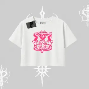 Candyland Yazılı Sevimli Kedi Baskılı Kapşonlu Crop Sweatshirt