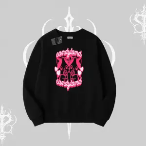 Candyland Yazılı Sevimli Kedi Baskılı Oversize Crop Tshirt