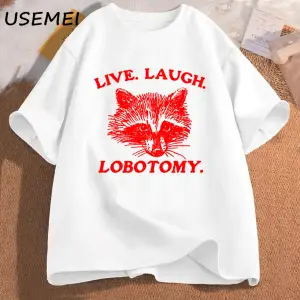 Canlı gülmek Lobotomy T Shirt Meme rakun grafik T-Shirt Vintage pamuk kısa kollu baskılı Tshi 2901
