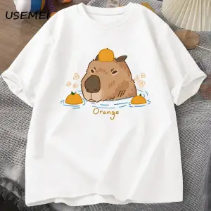 Capybara portakallar ile yüzme t-shirt boy T Shirt Unisex pamuk Shrot kollu karikatür hayvan 2843