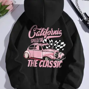 Car & Letter Graphic Drawstring Lined Hoodie Siyah