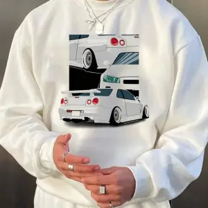 Car Print Drop Shoulder Sweatshirt Beyaz