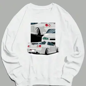 Car Print Drop Shoulder Sweatshirt Beyaz