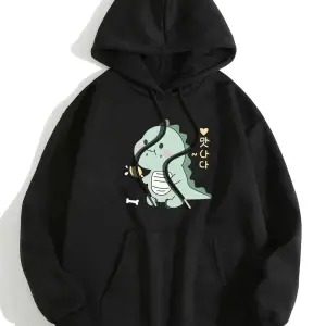 Cartoon And Korean Letter Graphic Drawstring Lined Hoodie Siyah