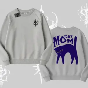 Cat Mom Yazılı Minimal Kedi Arka Baskılı Biskilet Sweatshirt