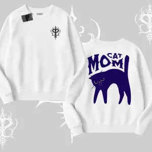 Cat Mom Yazılı Minimal Kedi Arka Baskılı Biskilet Sweatshirt