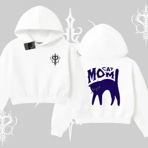Cat Mom Yazılı Minimal Kedi Arka Baskılı Kapşonlu Crop Sweatshirt