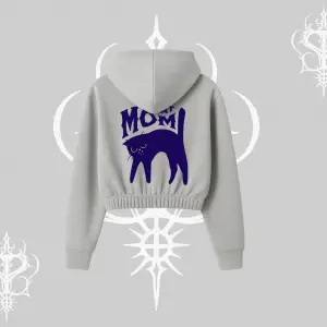 Cat Mom Yazılı Minimal Kedi Arka Baskılı Kapşonlu Crop Sweatshirt