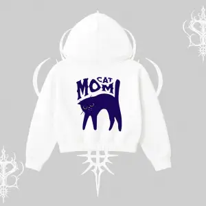 Cat Mom Yazılı Minimal Kedi Arka Baskılı Kapşonlu Crop Sweatshirt