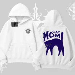 Cat Mom Yazılı Minimal Kedi Arka Baskılı Kapşonlu Sweatshirt