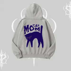 Cat Mom Yazılı Minimal Kedi Arka Baskılı Kapşonlu Sweatshirt