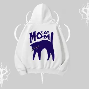 Cat Mom Yazılı Minimal Kedi Arka Baskılı Kapşonlu Sweatshirt