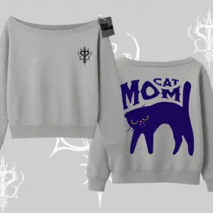 Cat Mom Yazılı Minimal Kedi Arka Baskılı Kayık Yaka Sweatshirt