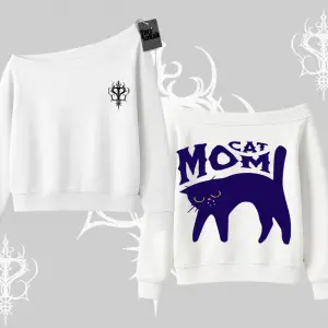 Cat Mom Yazılı Minimal Kedi Arka Baskılı Kayık Yaka Sweatshirt