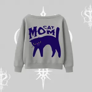 Cat Mom Yazılı Minimal Kedi Arka Baskılı Kayık Yaka Sweatshirt