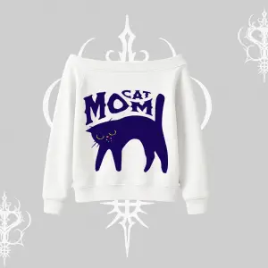Cat Mom Yazılı Minimal Kedi Arka Baskılı Kayık Yaka Sweatshirt