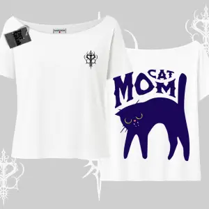 Cat Mom Yazılı Minimal Kedi Arka Baskılı Kayık Yaka Tshirt