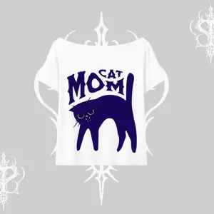 Cat Mom Yazılı Minimal Kedi Arka Baskılı Kayık Yaka Tshirt