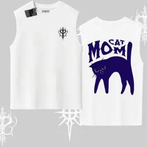 Cat Mom Yazılı Minimal Kedi Arka Baskılı Kolsuz Tshirt