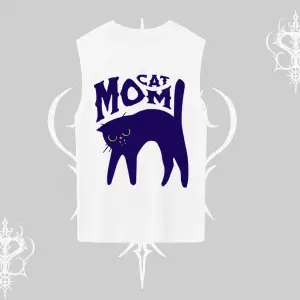 Cat Mom Yazılı Minimal Kedi Arka Baskılı Kolsuz Tshirt