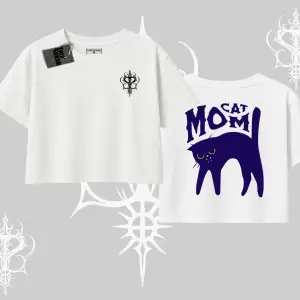 Cat Mom Yazılı Minimal Kedi Arka Baskılı Oversize Crop Tshirt