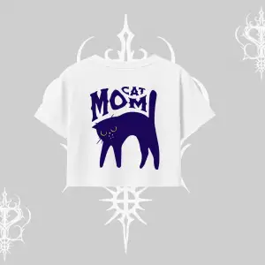 Cat Mom Yazılı Minimal Kedi Arka Baskılı Oversize Crop Tshirt