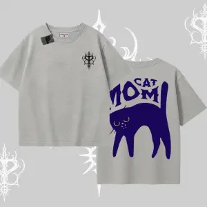 Cat Mom Yazılı Minimal Kedi Arka Baskılı Oversize Tshirt