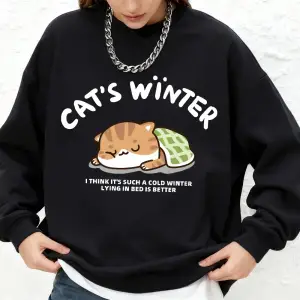 CatS Winter Sleeping Prints Kapüşonlular Bayan Temel Sıcak Uzun Kollu Kazak Jogger Bisiklet