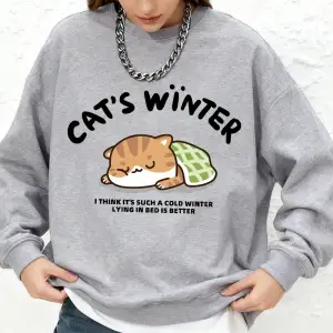 CatS Winter Sleeping Prints Kapüşonlular Bayan Temel Sıcak Uzun Kollu Kazak Jogger Bisiklet