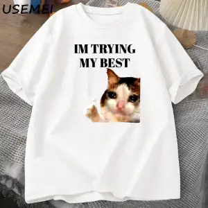 Cat Thumbs Up Crying Im Trying My Best Funny Tee Casual Cotton Short Sleeve T-Shirt Streetwe 2981